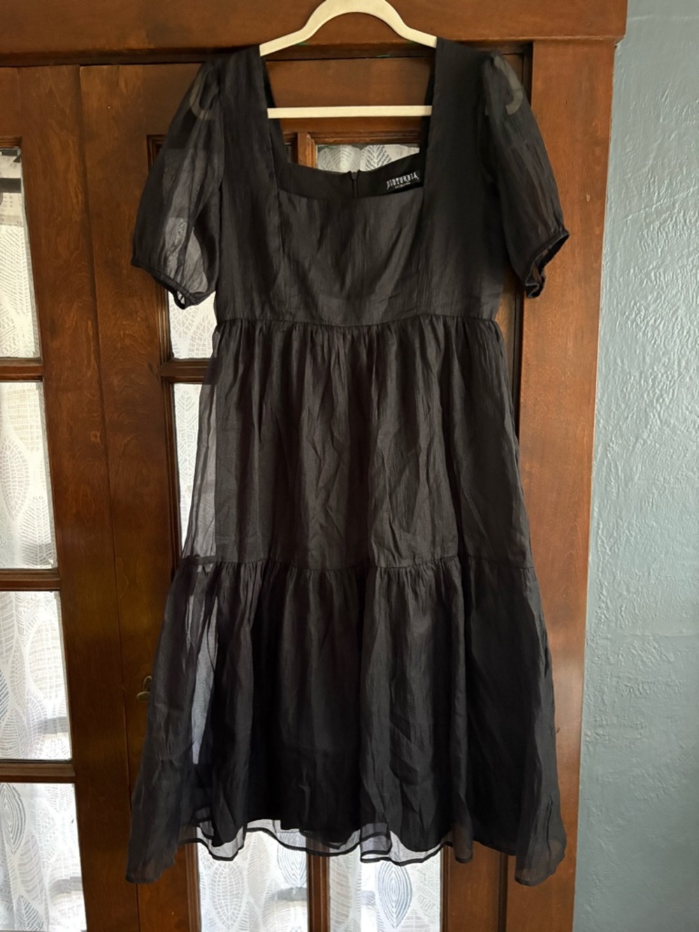 Disturbia Flatline Puff Sleeve Sheer Black Tiered Midi Dress US 8 - Picture 6 of 10